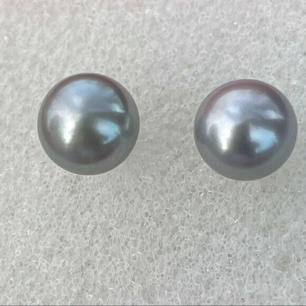 NEW 925 Sterling Silver Real 9 mm Gray Cultured Freshwater Pearl Stud Earrings - Picture 7 of 11